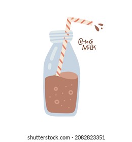 Glass Bottle with chocolate milk with striped straw. Isolated flat hand drawn vector illustration.