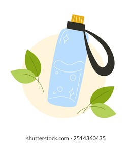 Glass Bottle with Clean Water and Green Leaves, Eco-Friendly and Sustainable Hydration Concept