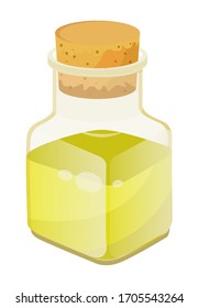 Glass bottle closed with bung with golden liquid inside. Vessel with viscous purified substance used for cooking or hair care. Vegetable, olive or sunflower, oil produced by plant. Vector illustration
