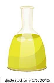 Glass bottle closed with bung with golden liquid inside. Vessel with viscous purified substance used for cooking or hair care. Vegetable, olive or sunflower, oil produced by plant. Vector illustration