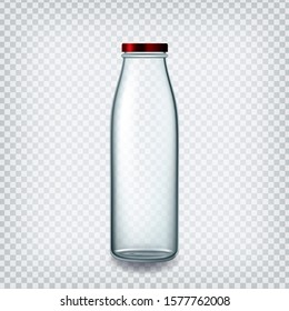 Glass Bottle Closed By Red Cap For Milk Vector. Empty Bottle For Breakfast Non-alcoholic Healthy Drink, Water Or Soda Beverage Transparency Background. Glassware Template Realistic 3d Illustration