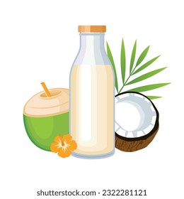 Glass bottle of coconut milk vector illustration. Plant-based milk alternatives drawing. Bottle of vegetable milk, brown and green halved coconut icon vector on a white background