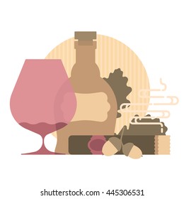 Glass and a bottle of cognac, cigars, acorn and oak leaf, flat illustration