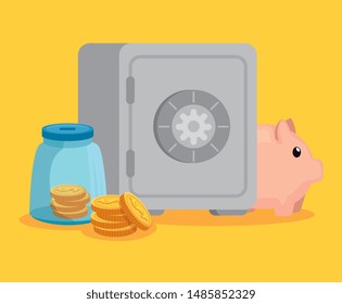 glass bottle with coins money and strong box with piggy