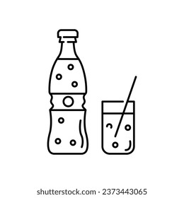 Vidrio y botella de cola. Elemento de diseño para menú de barra de verano, impresión, pegatinas, imágenes, diseño web. Ilustración vectorial en estilo doodle. Icono vectorial de la linea linda doodle refresco y cola