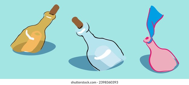 glass bottle collection with a letter in the sea in a vector with flat style. illustration of an object on the theme of tales of cartoon pirates adventures