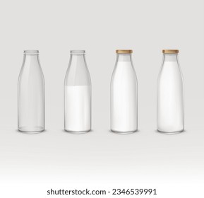 glass bottle containing cow's milk arranged from left to right is an empty bottle. There are half and full bottles of milk with lids on. Vector illustration