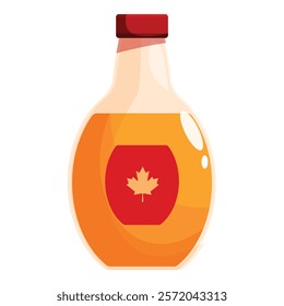 Glass bottle is containing delicious canadian maple syrup with a red label and maple leaf