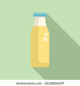 Glass bottle containing fresh milk on a green background with a long shadow