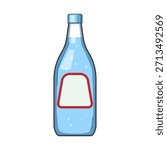 Glass bottle containing a refreshing light blue soda or sparkling water, featuring a blank label with a red border, standing isolated on a white background