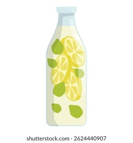 Glass bottle containing refreshing summer drink with slices of lemon and mint leaves