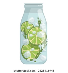 Glass bottle containing refreshing summer drink with limes, ice, and rosemary sprig