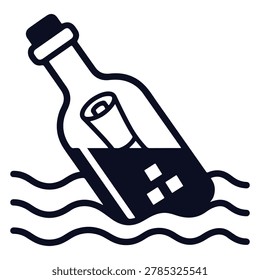 A glass bottle containing a rolled-up message floats on the surface of wavy water