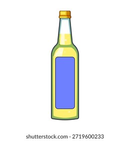 Frasco de vidrio que contiene un líquido amarillo y presenta una etiqueta en blanco azul con una tapa de oro, presentada como una Ilustración vectorial simple sobre un fondo blanco limpio