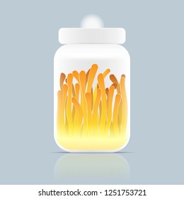 A glass bottle of Cordyceps cartoon vector illustration design."Ophiocordyceps sinensis" is a mushroom using for medicine and food famous in Asian.Yellow orange color healthy mushroom plant in farm.