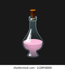 Glass bottle with a cork cap with a light pink liquid. Vector illustration of a bottle with a potion, an icon for games and applications.