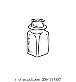 Glass bottle with cork for hand made spices, love potion, spell in black isolated on white background. Hand drawn vector sketch illustration in doodle vintage engraved line art style