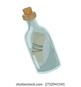 Glass bottle with a cork and a paper message inside. Romantic nautical clipart for pirate sea themes and adventure designs.