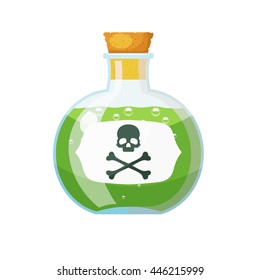 Glass bottle and cork stopper and green liquid   sign skull   bones  The potion in vial  Cartoon style  Stock vector illustration