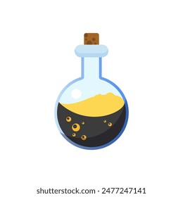 Glass bottle with cork and witchs potion, magical black liquid with bubbles inside vector illustration