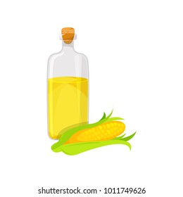 Glass bottle of corn vegetable oil, organic healthy oil product cartoon vector Illustration