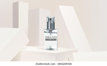 Glass bottle cosmetic products with white box.cosmetic premium. Makeup products brand. 3D illustration.