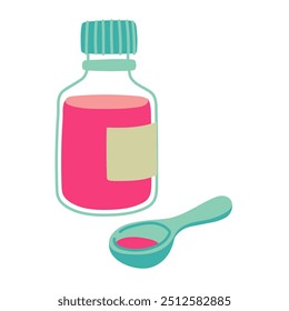 A glass bottle with cough syrup poured into a spoon, a medical drug, throat treatment. Liquid in a container to relieve sore throat. Pink and blue flat illustration isolated on white. Cold treatment