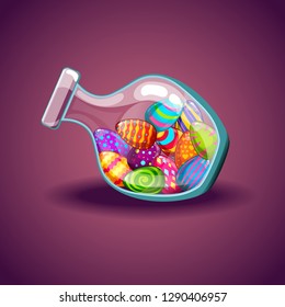 Glass bottle with cute cartoon Easter eggs Game design illustration