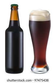 vaso y botella de cerveza oscura sobre fondo blanco; vectorial