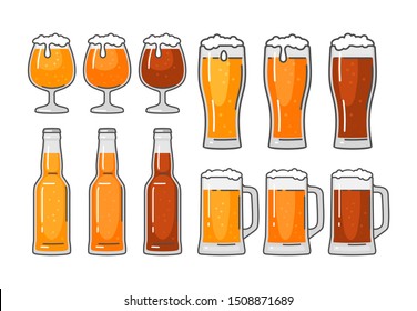 Glass and bottle with different types beer - lager, ale, stout. Vintage vector flat illustration. Isolated on white background. For emblem, web, info graphic