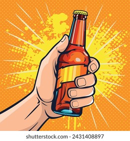 Glass bottle with drink in hand. Fast food vector illustration in pop art retro comic style