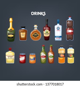 Glass bottle of drink set. Collection of various beverage. Soda and beer, juice and lemonade. Isolated vector cartoon illustration