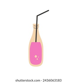Glass bottle drink with straw vector illustration. Pink soda beverage or juice minimal art. Isolated on white background