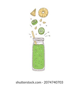 Glass bottle with drinking straw and green smoothie ingredient, doodle vector illustration isolated on white background. Detox juice with cucumber, pineapple, flax seed and lemon.