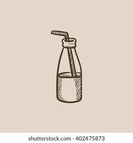 Glass bottle with drinking straw sketch icon.