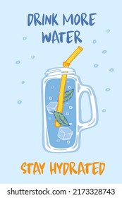 A glass bottle of drinking water with mint and ice. "Drink more water" poster. Hand drawn line vector illustration isolated on white background. Helthy lifestyle symbol.