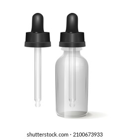 Glass bottle with dropper cap on white background, open and closed mockup, Empty cosmetic or medical product container