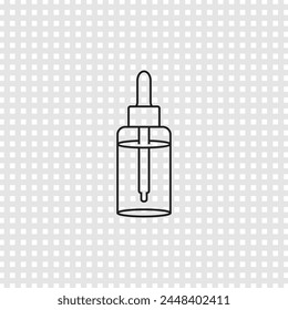 Glass bottle with a dropper and liquid inside. Vial with pipette. Vector icon on transparent background.
