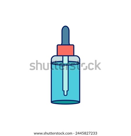 Glass bottle with a dropper and liquid inside. Vial with pipette. Color vector on white background.