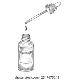 Glass bottle with Dropper vector illustration. Outline drawing of detailed little vial painted by black inks. Linear engraving of flask for medicine or essential oil. Sketch of product for skincare.