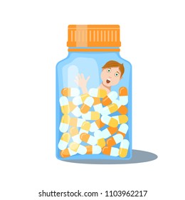 Botella de vidrio con comprimidos o pastillas de medicamento y el hombre que sufre atrapado dentro. Concepto de drogadicción o abuso. Dibujo vectorial de caricatura de color aislado en fondo blanco