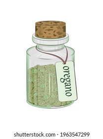 Glass bottle with dry oregano leaves and a label with the name of the spice. Close-up. Multi-colored image. Element for design. Vector illustration.