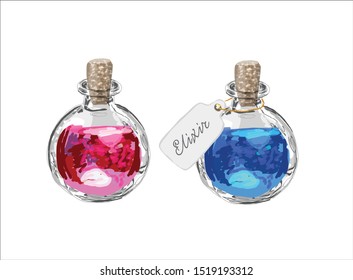 Glass bottle elixir cork cap hand drawn illustration isolated with white base vector