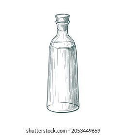 Glass bottle. Essential, liquid under plug. Vector sketch, hand drawn silhouette. Organic oil. Engraving illustration in vintage style. Object isolated