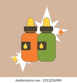 Glass bottle of essential oil, acid, lotion. Dropper for skincare products, cosmetic.Creative vector illustration