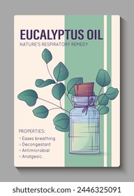 Glass bottle of essential oil, eucalyptus plant. Vector illustration of infographic poster. Information card background design. Cosmetic, perfumery and aromatherapy concept.