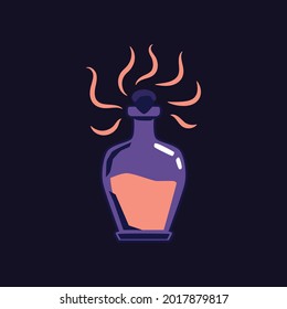 Glass bottle with evil magic potion and smoke lines - mysterious flask with liquid elixir substance isolated on black background. Vector illustration of toxic poison.