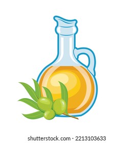 Glass bottle of extra virgin olive oil icon vector. Glass bottle with olive oil and green fresh olives fruit icon vector isolated on a white background
