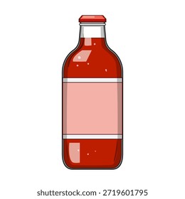 Botella de vidrio con bebida carbonatada no alcohólica roja brillante, sellada con una tapa de metal, proporcionando un amplio espacio para la marca personalizada en el área de la etiqueta vacía