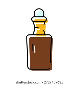 Glass bottle featuring a cork stopper and containing a dark brown liquid, symbolizing concepts like alchemy, healing potions, magic elixirs, or essential oils